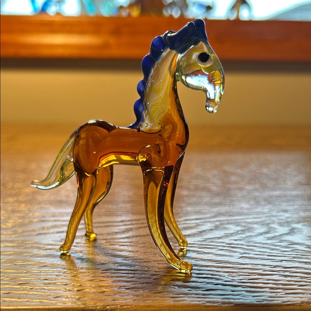 Vintage Glass Horse Figurine Amber Blue Mane Hand Blown Mid Century 1970s